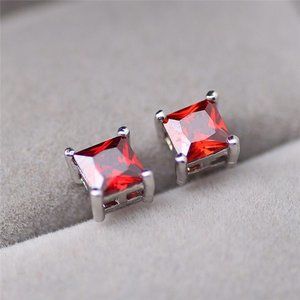 Princess Cut Red Ruby Stud Earrings Bride Wedding Engagement